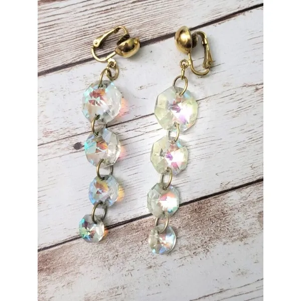 Vintage Clip On Earrings Chunky Clear/Iridescent Long - Fair Condition - Image 2