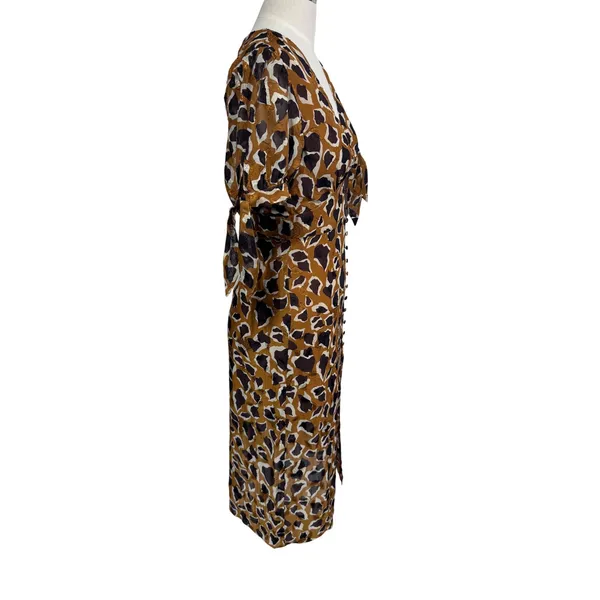 JOA XS‎ Brown Animal Print Midi Dress Women Puff Sleeve Tie Cuff - Image 6