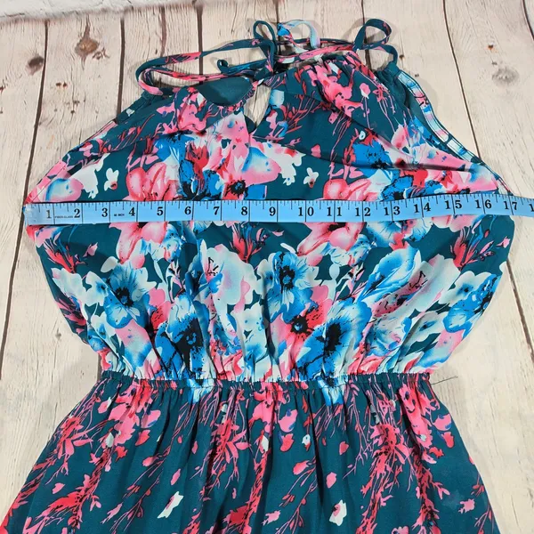 Fate Floral Maxi Dress Teal‎ Blue Pink Spaghetti Strap Elastic Waist M Halter - Image 12