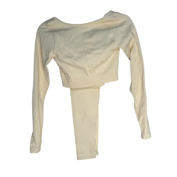 Ribbed‎ Long Sleeve Crop Top Thumbhole Leggings Set Workout Athleisure Cream M - Image 8