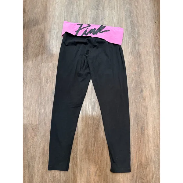 Victoria's Secret PINK Yoga Leggings Black Pink Glitter Logo Fold Over Waist y2k - Image 2