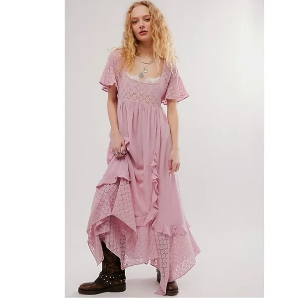 Free People Ethereal Bohemian Bring The Romance Midi Maxi Dress Blush Pink Small - Image 5
