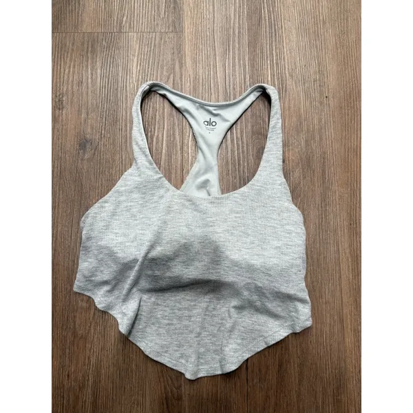 Alo Yoga Womens Ribbed Racerback Handkerchief Hem Tank Top Heather Gray S - Image 2