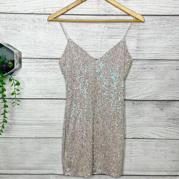 Iridescent Blush Sequin Sparkle Mini Slip Dress Size Small Party Glam Cocktail - Image 9