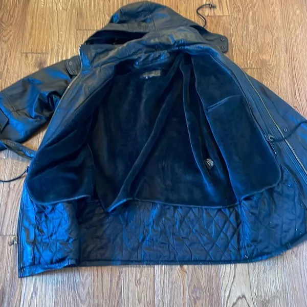 Vintage Leather black hooded faux fur lined trench jacket M - Image 9