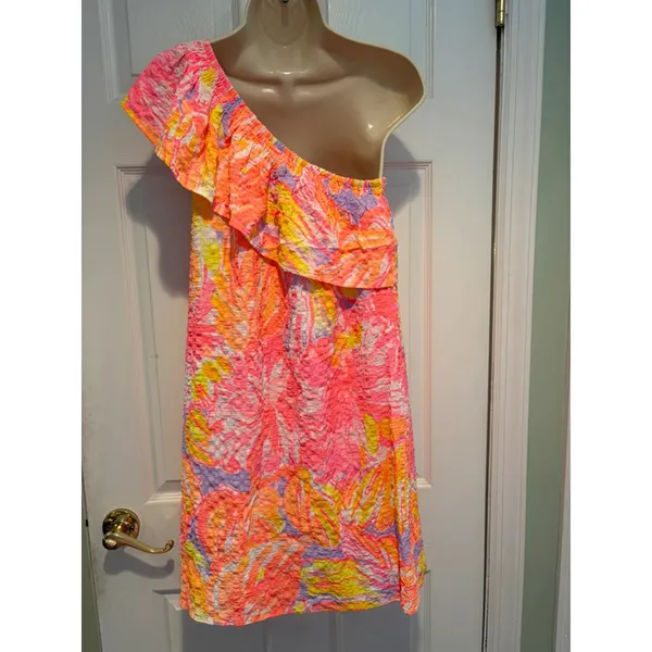 Lilly Pulitzer One Shoulder Ruffle‎ Dress Pink Neon Tropical Shift Small Coastal - Image 5
