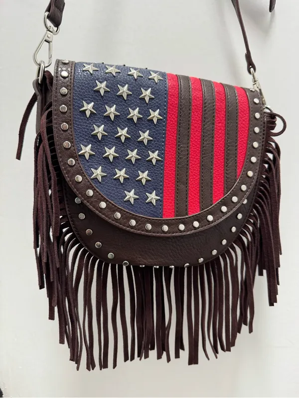 Brown faux leather Rodeo Fringe American Flag crossbody bag charming charlie - Image 2