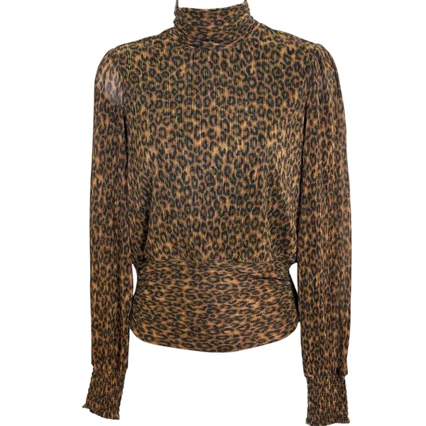 BAILEY‎ 44 Leopard Print Mock Neck Metallic Pleated Black Brown Blouse EUC XS - Image 2