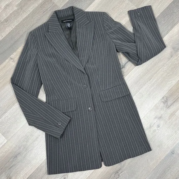 Vintage Moda International Pinstripe‎ Long Blazer Jacket Grey Pink 4 - Image 15