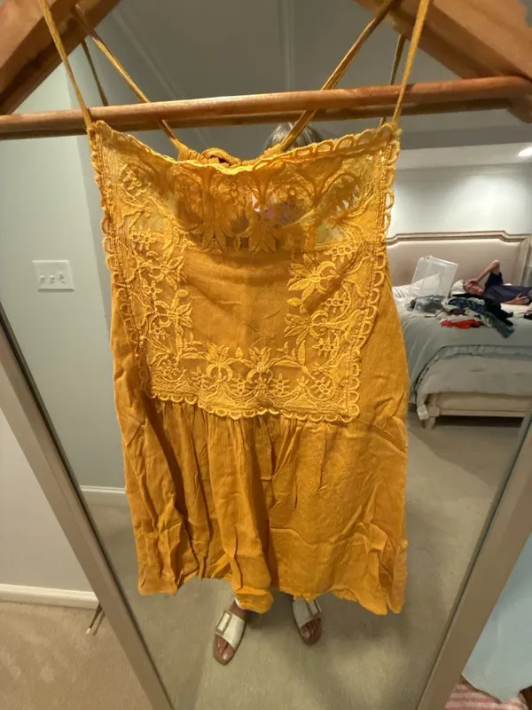 Alya Mustard Yellow Embroidered Lace Halter Strap Mini Dress Size XS - Image 2