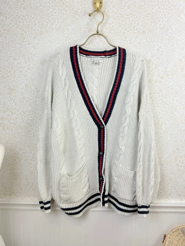 American Eagle Creamy Gray Varsity Cable Knit Button Cardigan - Size - Large - Image 3