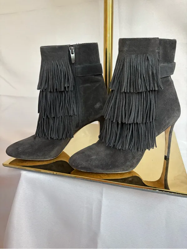 Via Spiga Gray Suede Fringe Stiletto Ankle Boots - Image 4