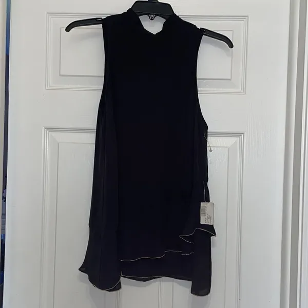 Parker Sleeveless Halter Roslyn Top - Black with Gold Trim, NWT - Image 2