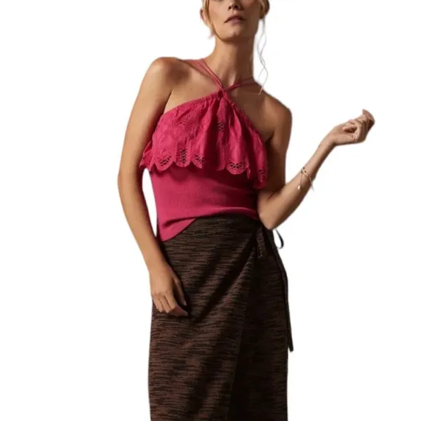 Anthropologie Ruffled Halter Cottage Pink Embroidered Crochet Tank Blouse Top - Image 2