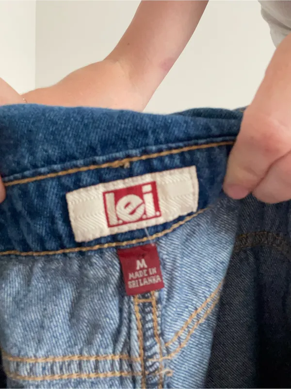 Vintage lei Blue Denim Short Overalls with Pink Plaid Patchwork Pockets - Image 7