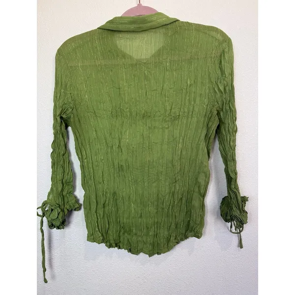 Jaipur Y2K Crinkle Green Tie Sleeve Button-Up Blouse Whimsical Fairycore M - Image 6