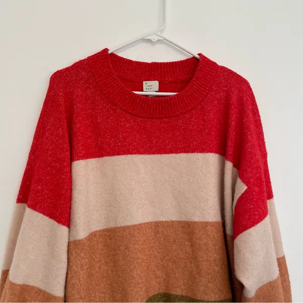 A NEW DAY Slouchy Crewneck Pullover Sweater Red Beige Orange Colorblock Striped - Image 3
