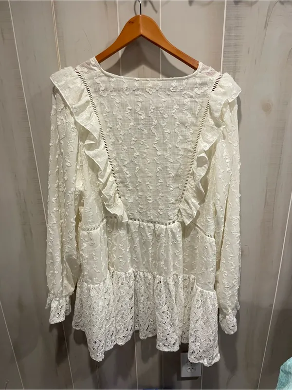 Cute ruffle Pol creamy vanilla lace ruffle peasant mini dress boho gypsy dream - Image 9