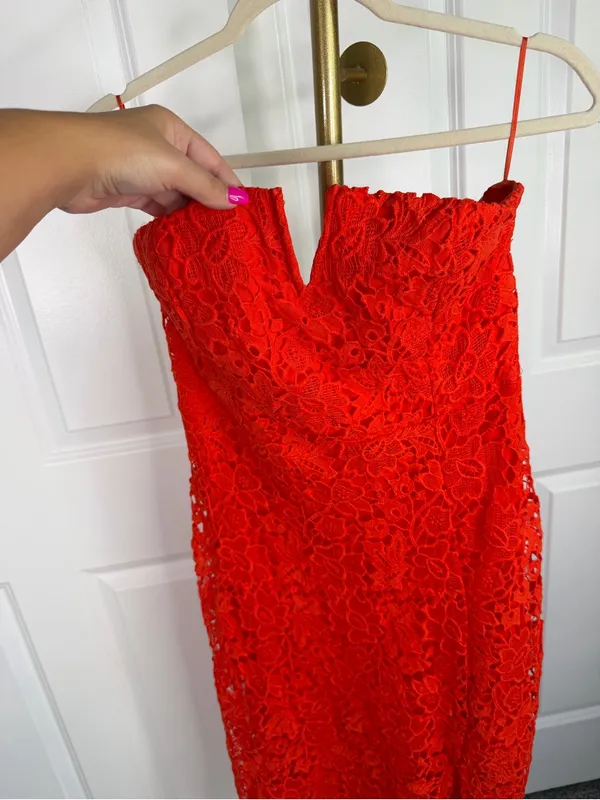 ASTR the Label Red Floral Lace Strapless Midi Dress Size L Cocktail Party - Image 12