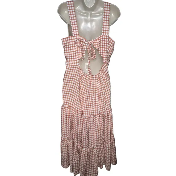 ASOS DESIGN Knot Detail Tiered MIdi‎ Dress Brown Gingham Large Tie Open Back - Image 4