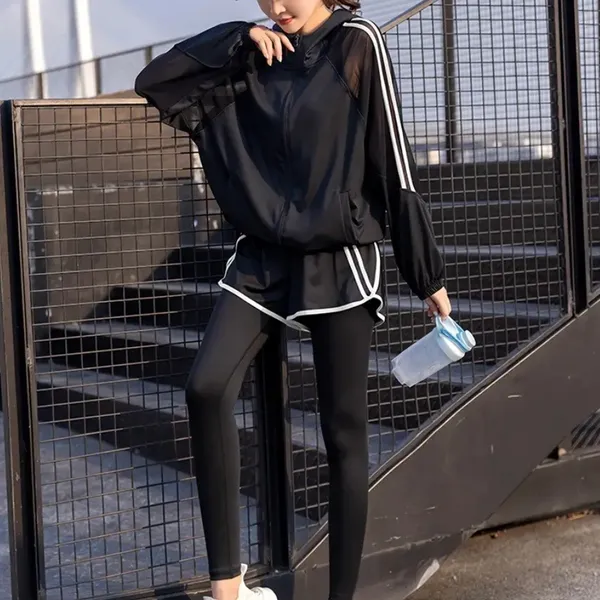 Two Pieces Set Tracksuit Bomber Jacket Sport Set Leggings Shorts Activewear Mesh - Image 2