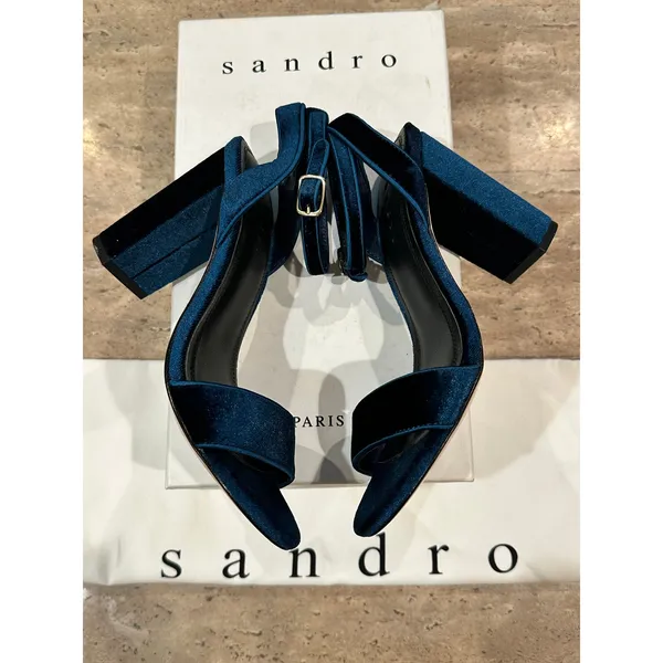 NEW Sandro Adrianne Velvet Block Heels In Turquoise size 36 - Image 5