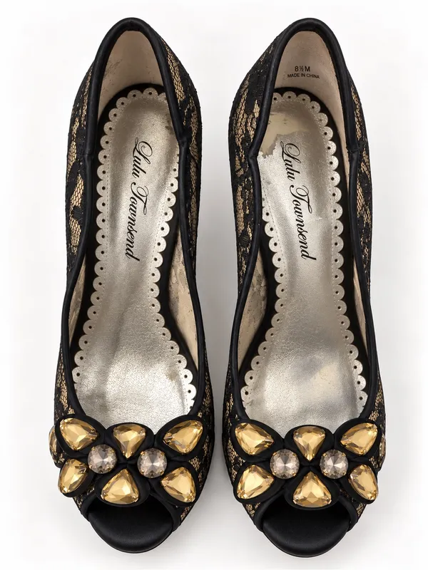 Lulu Townsend Black Lace Mesh Rhinestone Stiletto Peep Toe Pumps Amber Crystal - Image 3