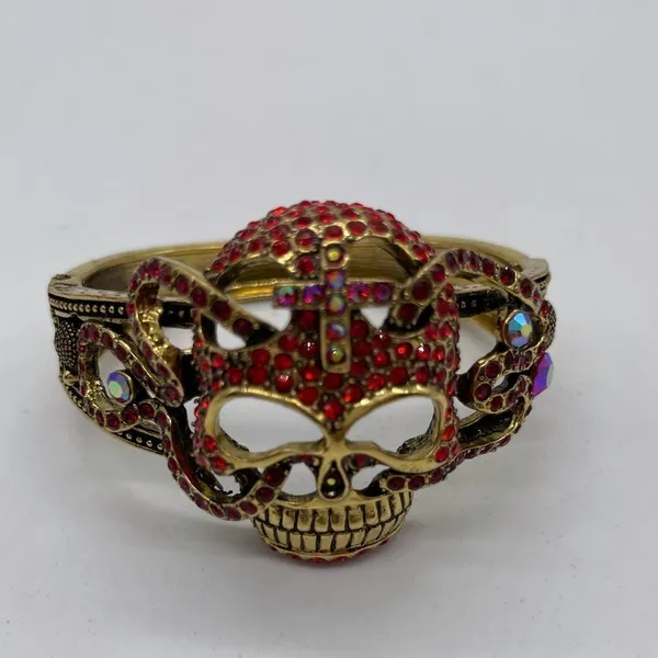 Skull Head Cuff Bracelet w/ Red Rhinestones - Image 6
