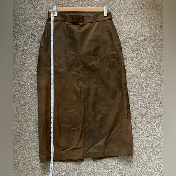 Brown Genuine Leather Midi Skirt High Waist Straight Size 9 Vintage - Image 12