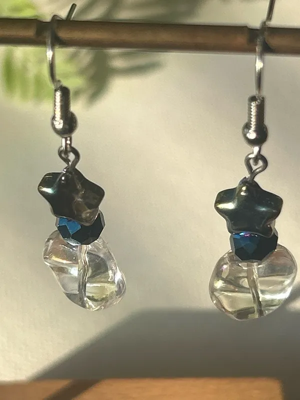 Handmade Iridescent Star Drop Earrings with Blue Accent - Image 3
