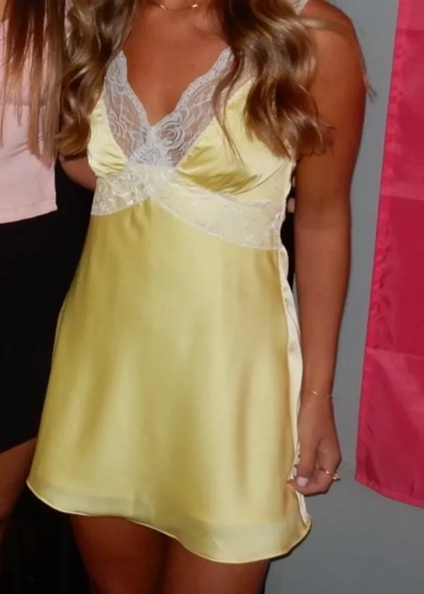 Fortunate One Yellow satin mini dress with lace - Image 2