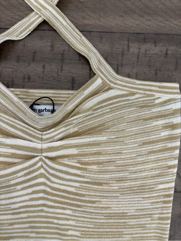 Striped Halter Ruched Crop Top in Cream and Beige - Image 2