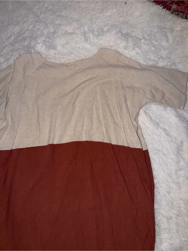 Two-Tone Beige and Rust Women’s Dress with Pockets Linen Blend - Image 2