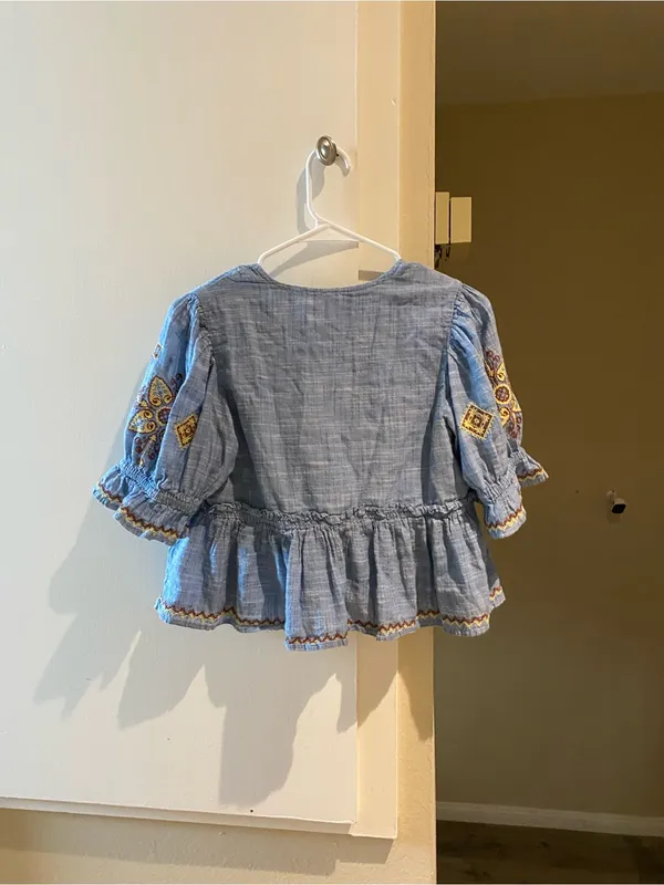 Free People Blue Embroidered Peasant Blouse, size Xs - Image 2