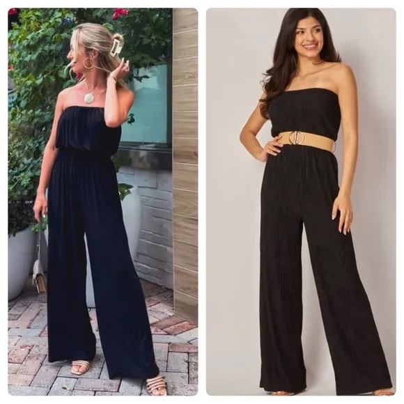 Iris black strapless pleated wide leg jumpsuit size medium - Image 2