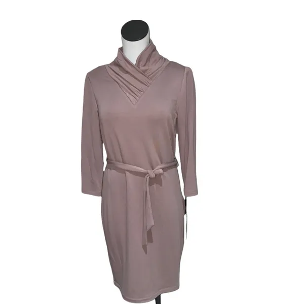 NWT Calvin Klein 3/4 Sleeve Scarf Cowl Neck Belted Midi Dress Small - Image 6