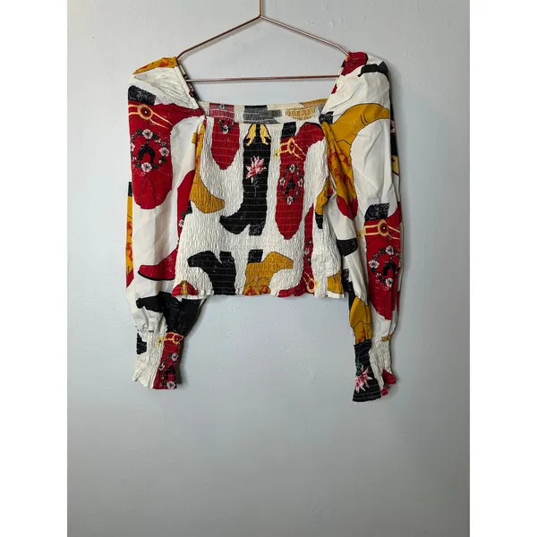 Boutique Black Red Cowboy Boots Square Neck Smocked Top size Small - Image 2