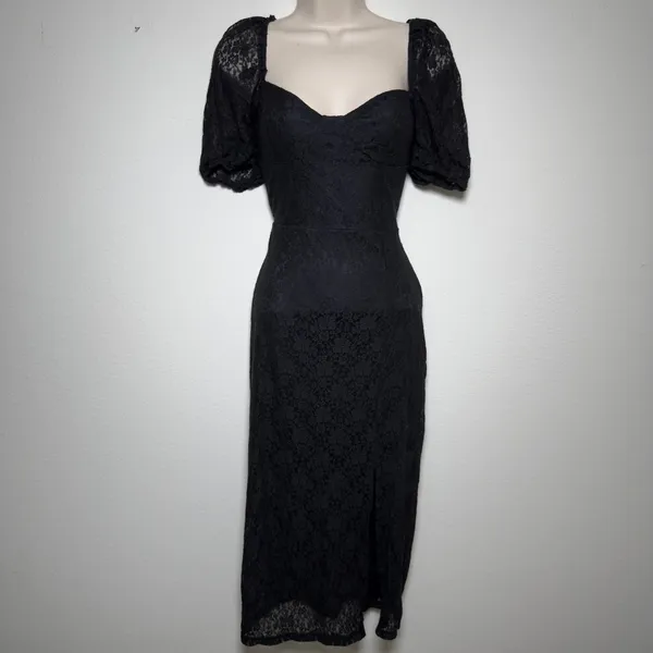 H&M Women Whimsigoth Vamp Babydoll Dress Small Black Lace Square‎ Neck Midi Slit - Image 10