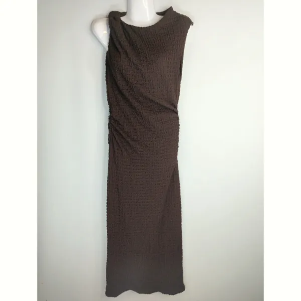 Zara Expresso Brown Textured Knot Ruched Side Maxi Dress LARGE Modest‎ Preppy - Image 2