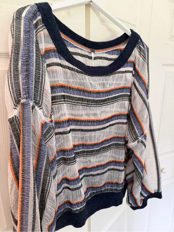 Free People Oversized Striped Boatneck Sweater Slightly Sheer Navy Blue Large - Image 3