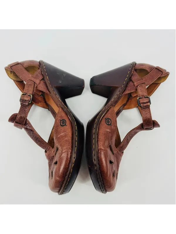 Born Charisma Mary Jane Brown Leather Cutout T-Strap Wedge Heels Size 10 - Image 5
