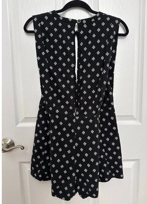 Free People Romper Ashley Black White Diamond Boxy Linen Blend XS - Image 11
