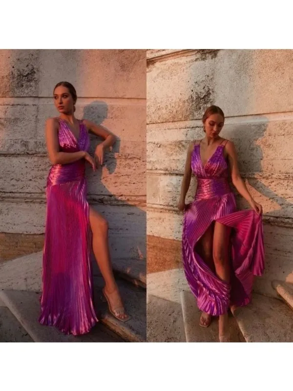 NWT AiiFOS Vera Pleated Metallic Gown 8 Pink Magenta Plisse Ruched Slit Formal - Image 2