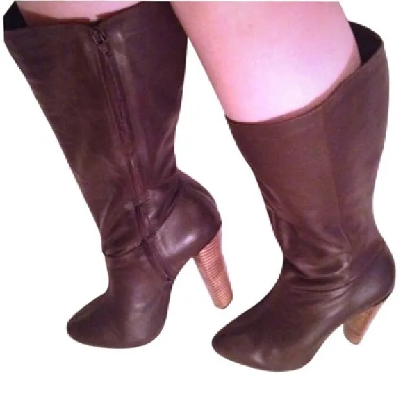 Brazilian Leather Knee High Boots | Brown Wood Heel | Size 8.5 - Image 5