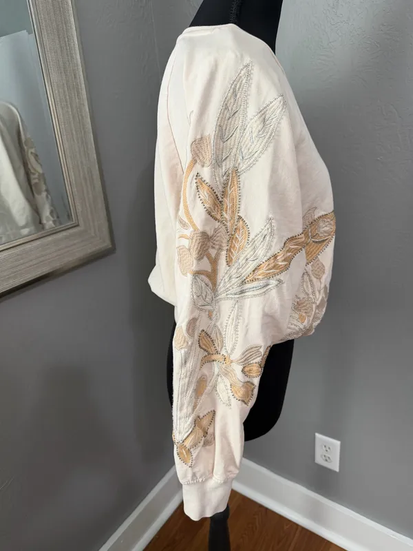 Anthropologie beaded floral embroidered cottage-core romantic sweatshirt XXS - Image 5