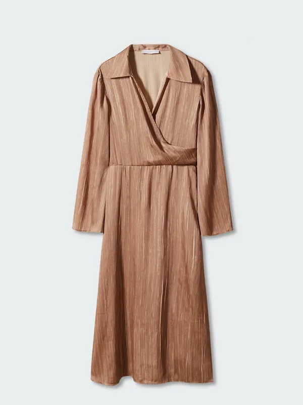 NWT Mango MNG Brown Satin Shirt Wrap Midi Dress 10 Flowy Flared Sleeve Party - Image 3