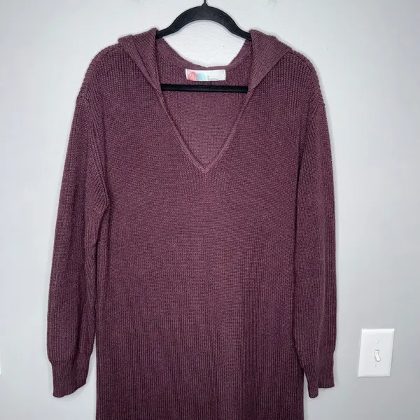 Free People Beach Claudia Midi Sweater Dress Plum Hooded V-Neck Side Slit Knit - Image 4