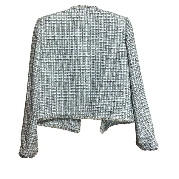 Calvin Klein Jacket Women 6 Multicolor Tweed Plaid Wool Blend Fringe Open Jacket - Image 6