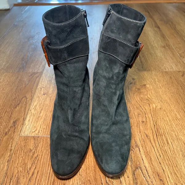 Theory Black Suede Ankle Boots Brown Buckle Stacked Heel Made in Italy Size 7.5 - Image 2