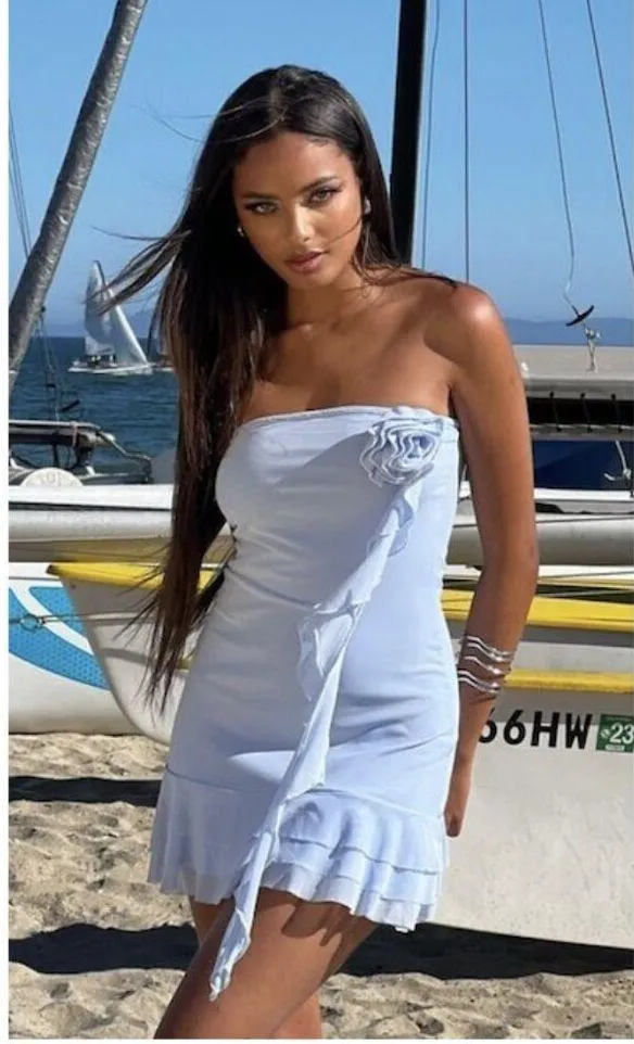 EDIKTED Thalia Rosette Ruffle Strapless Minidress in Blue Size Medium - Image 2